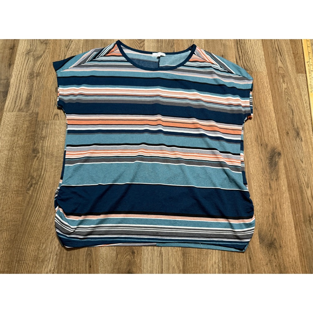 Ava James Striped Top Womens Large Blue Multi Short Sleeve Casual Excellent